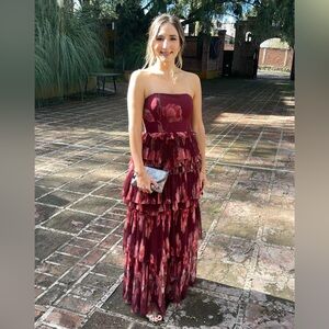 HUTCH NALINA STRAPLESS FLORAL TIERED TULLE MAXI DRESS